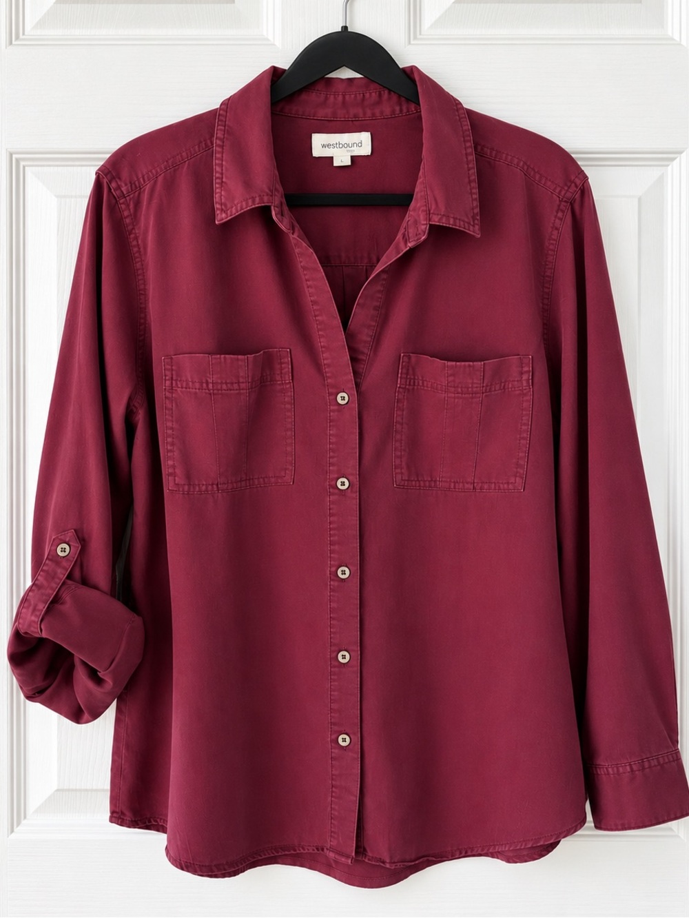 Westbound Tencel Lyocell Button Down Shirt Burgundy Wine L Roll Tab Sleeve